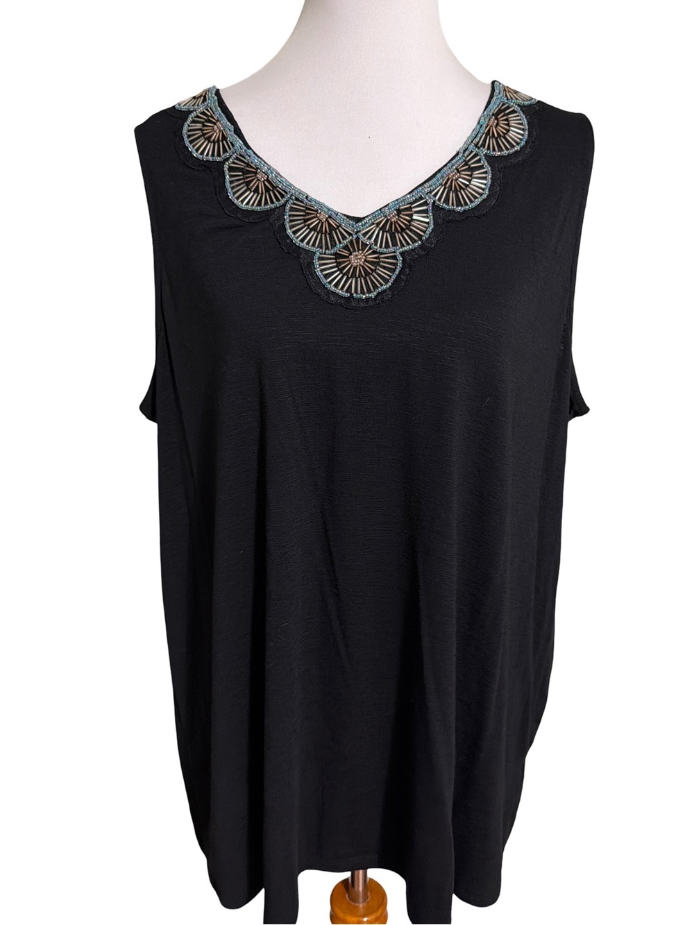 Cato Black V-Neck Sleeveless Top Embroidered Trim Size 18/20